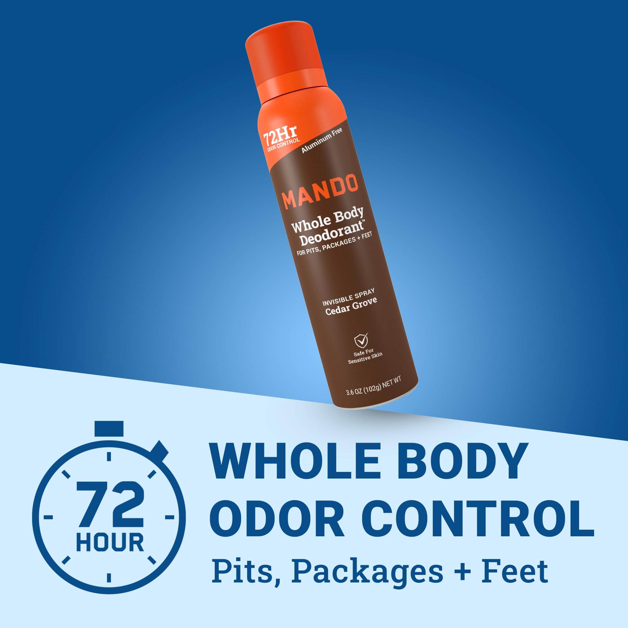 Mando invisible spray underarms application for dry, odor-free feel.