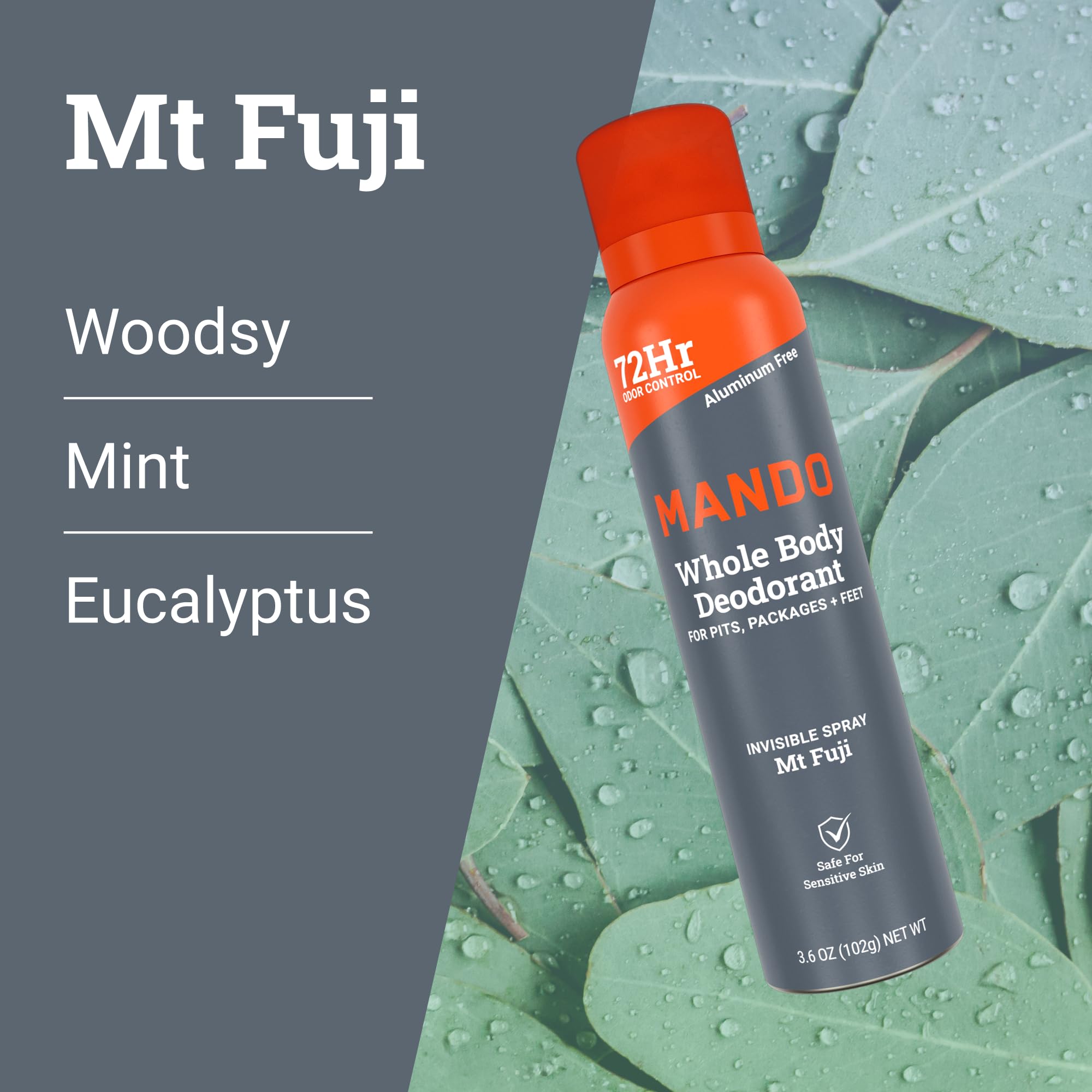 Mando Mt Fuji label close-up highlighting safe, low-irritation formula.