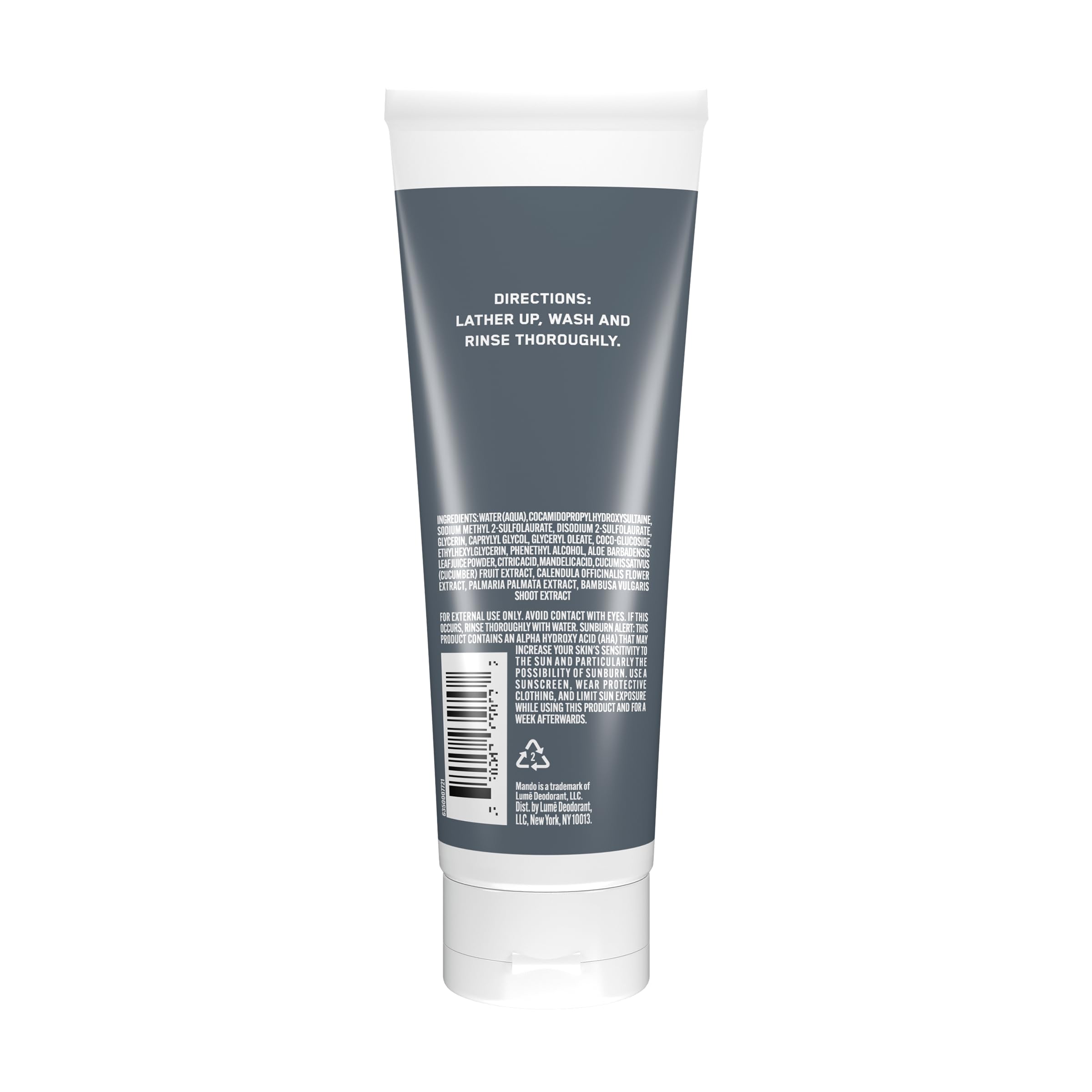 Mando Odor Shield label close-up highlighting mandelic acid cleansing power.