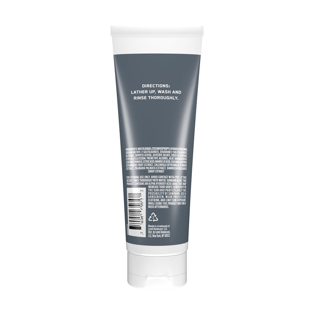 Mando Odor Shield label close-up highlighting mandelic acid cleansing power.
