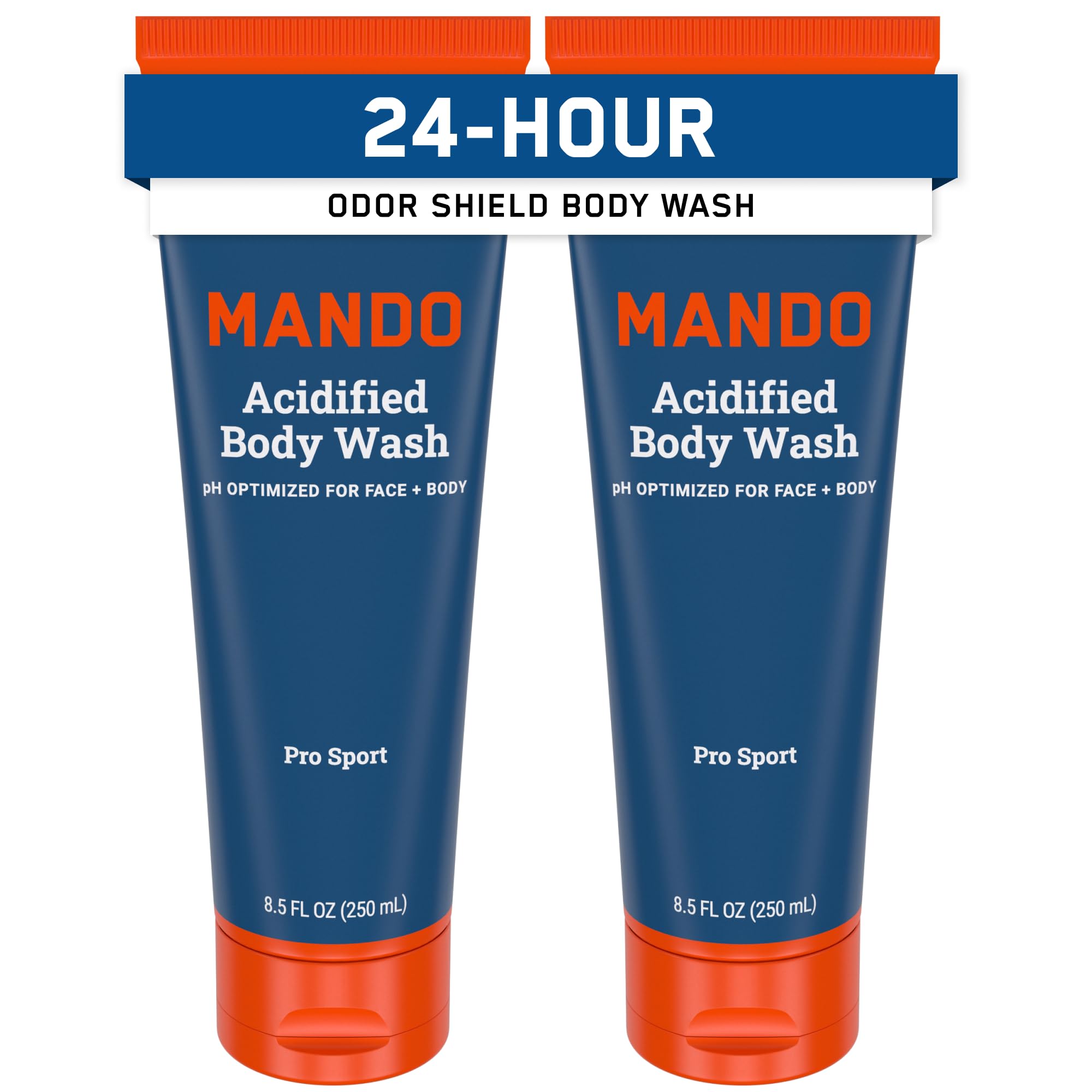 Mando Odor Shield Body Wash bottle front view highlights 24-hour odor control.