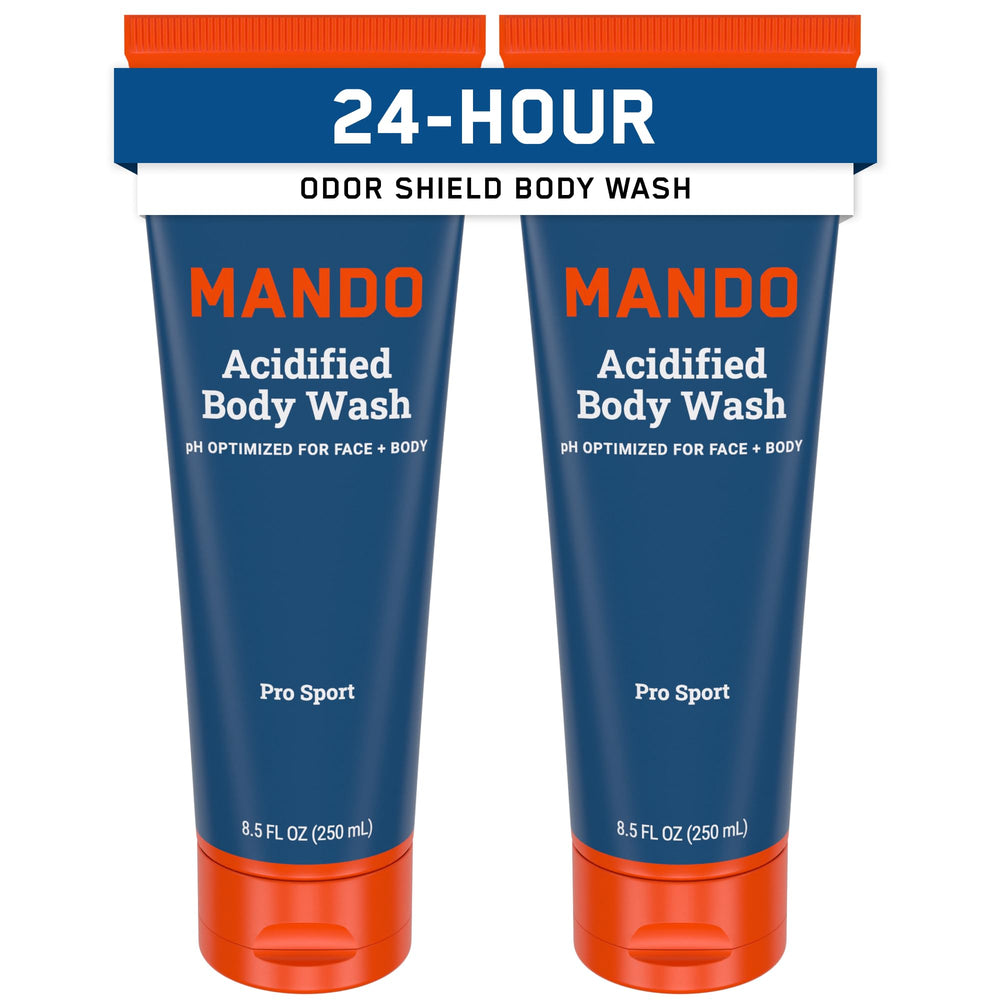 Mando Odor Shield Body Wash bottle front view highlights 24-hour odor control.