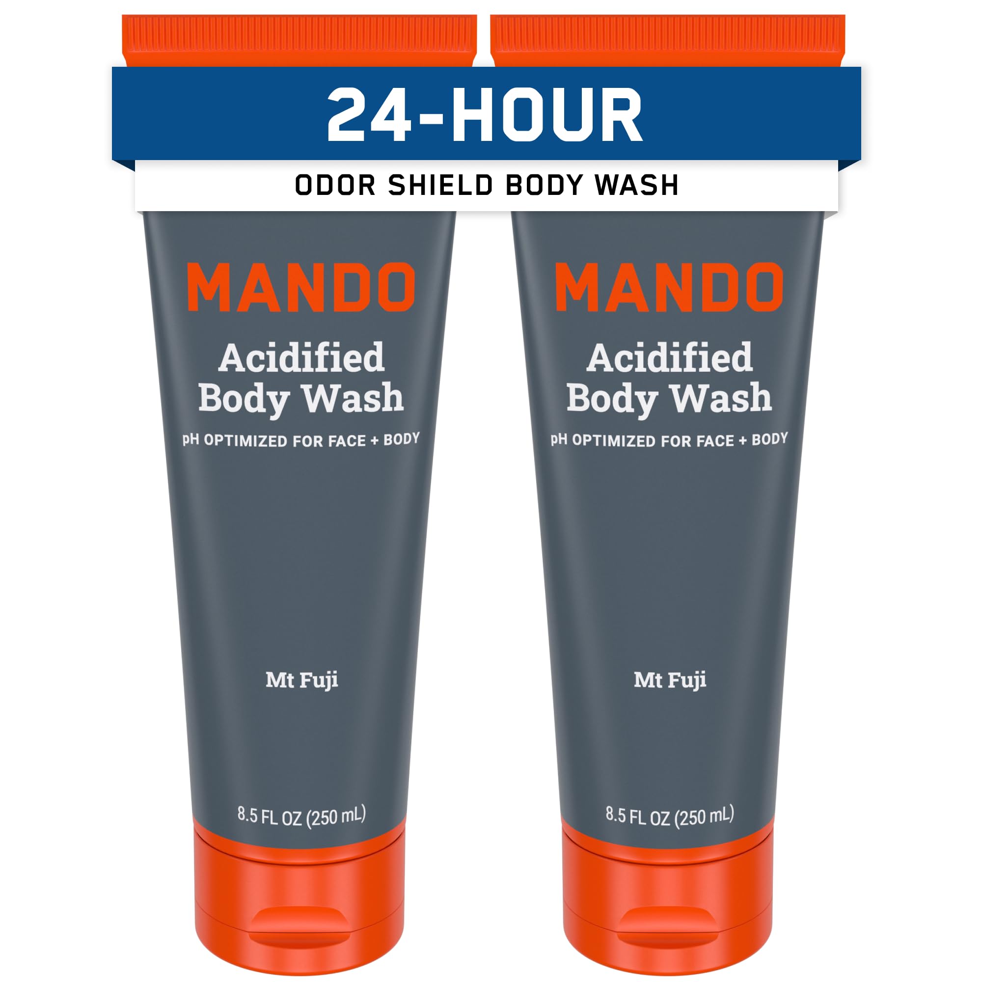 Mando Odor Shield Body Wash bottle on shelf for daily freshness