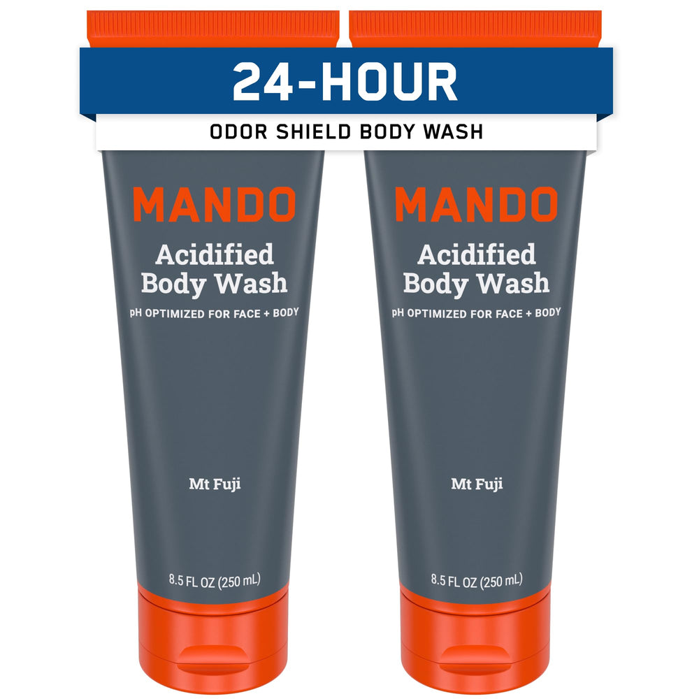 Mando Odor Shield Body Wash bottle on shelf for daily freshness