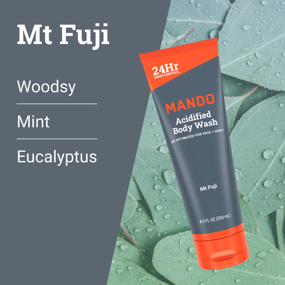 Label highlights mandelic acid in Mando Odor Shield Body Wash