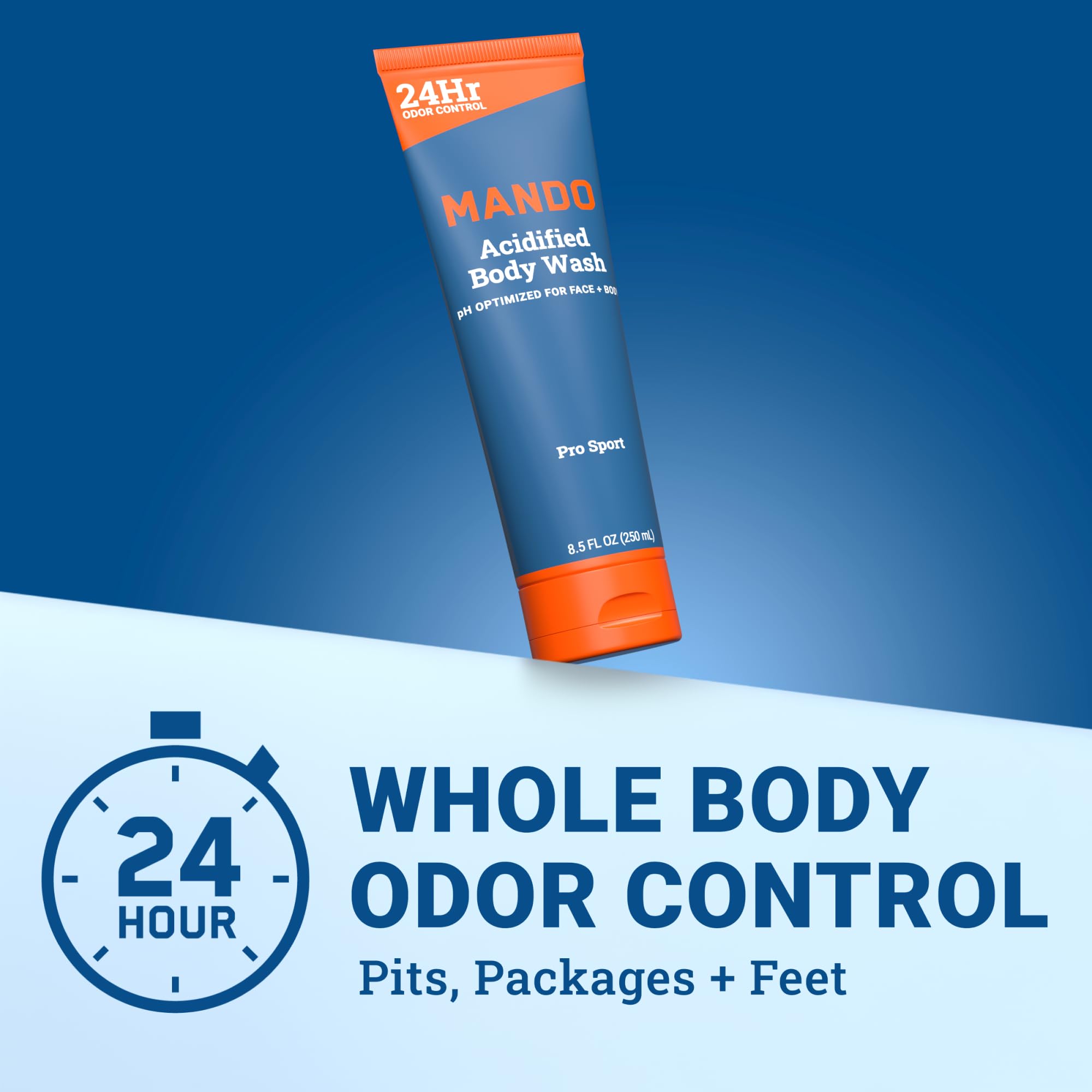 Mando Odor Shield packaging at an angle emphasizes SLS and parabens free formula.