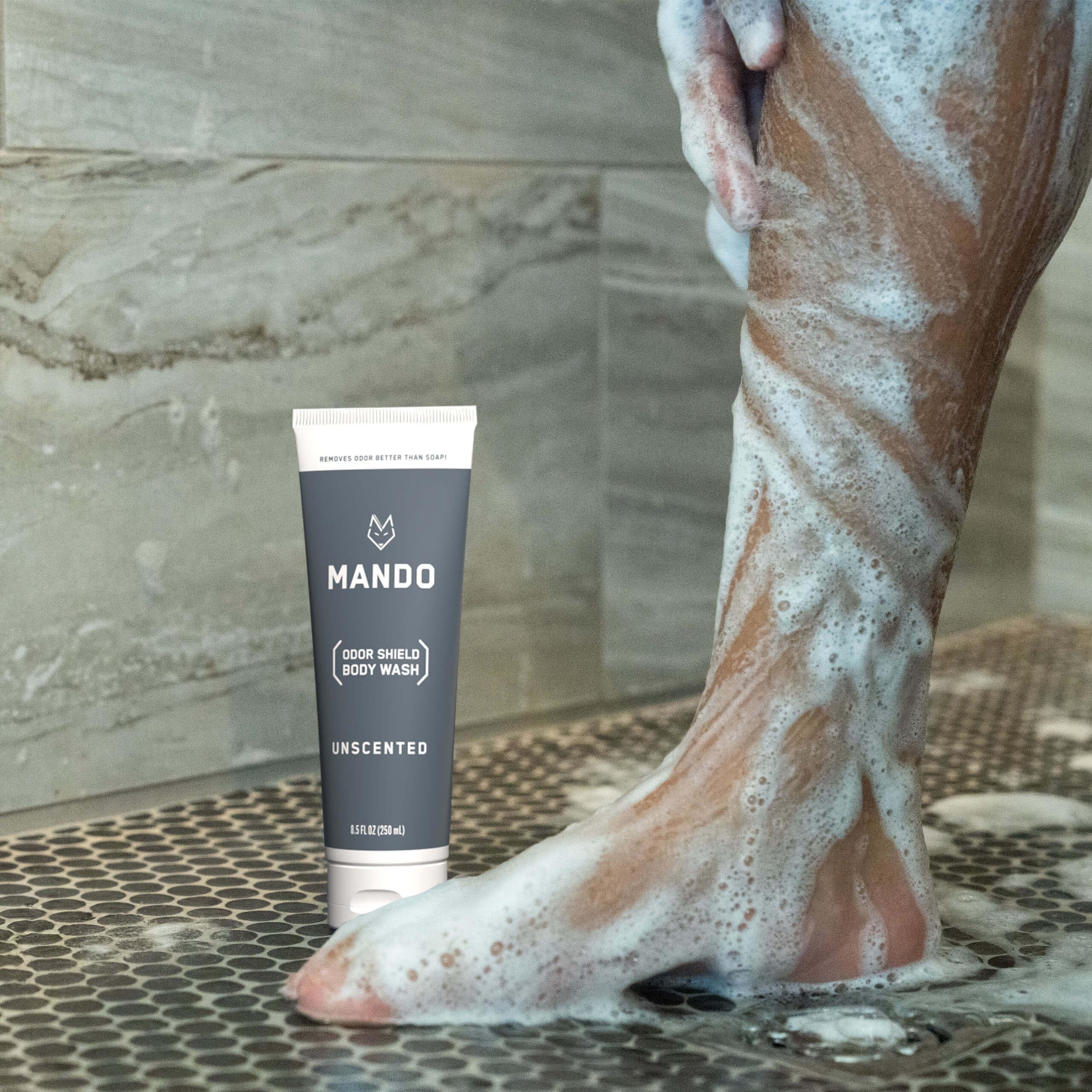 Mando Odor Shield bottle close-up with unscented label and clinical vibe.