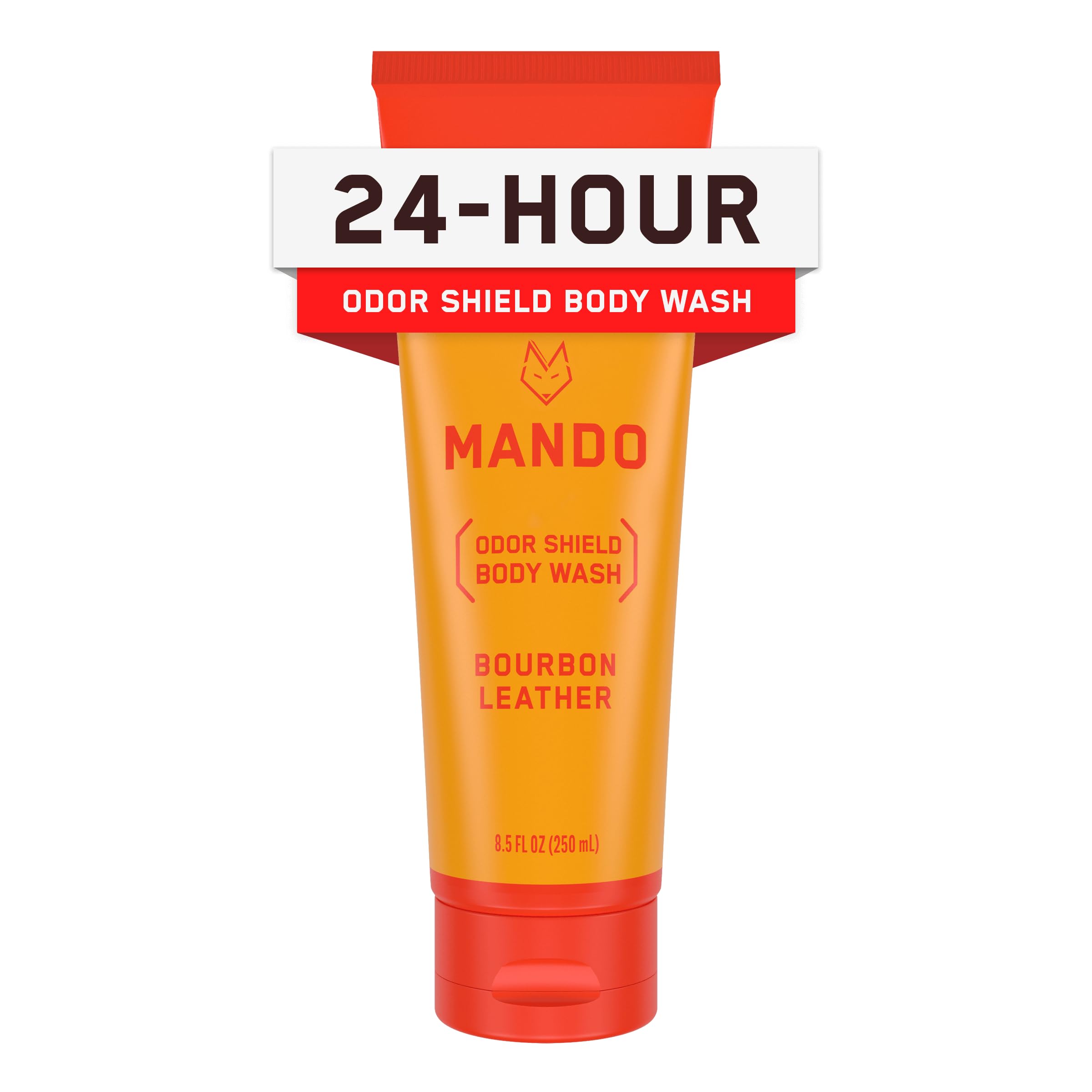 Mando Odor Shield bottle front view with bourbon leather scent for all-day freshness.