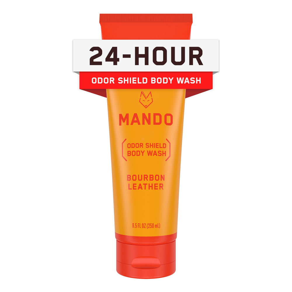 Mando Odor Shield bottle front view with bourbon leather scent for all-day freshness.