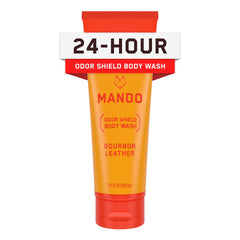 Mando Odor Shield bottle front view with bourbon leather scent for all-day freshness.