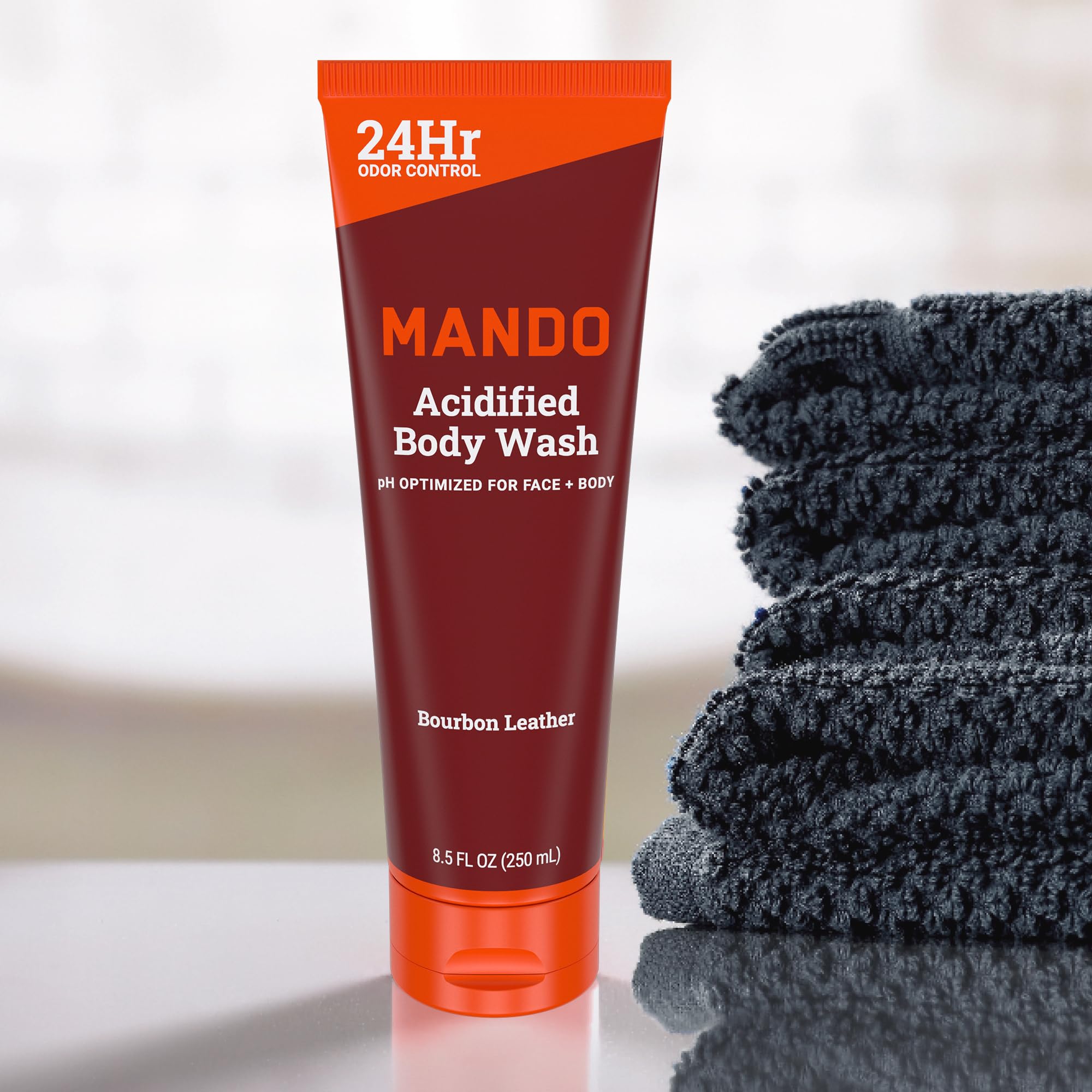 Mando Odor Shield Bourbon Leather packaging close-up with premium design