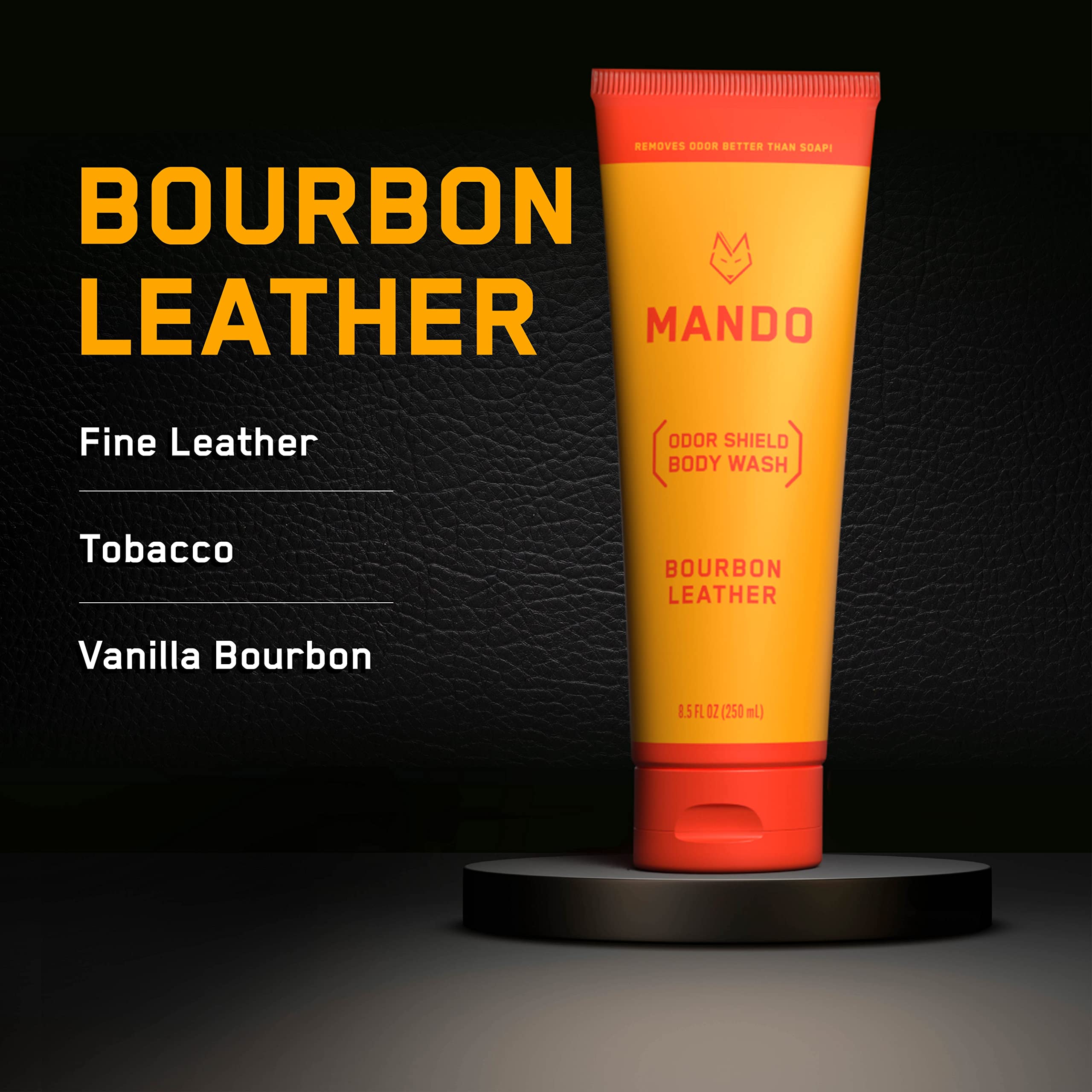 Mando Odor Shield label closeup highlights skin-safe cleansing.