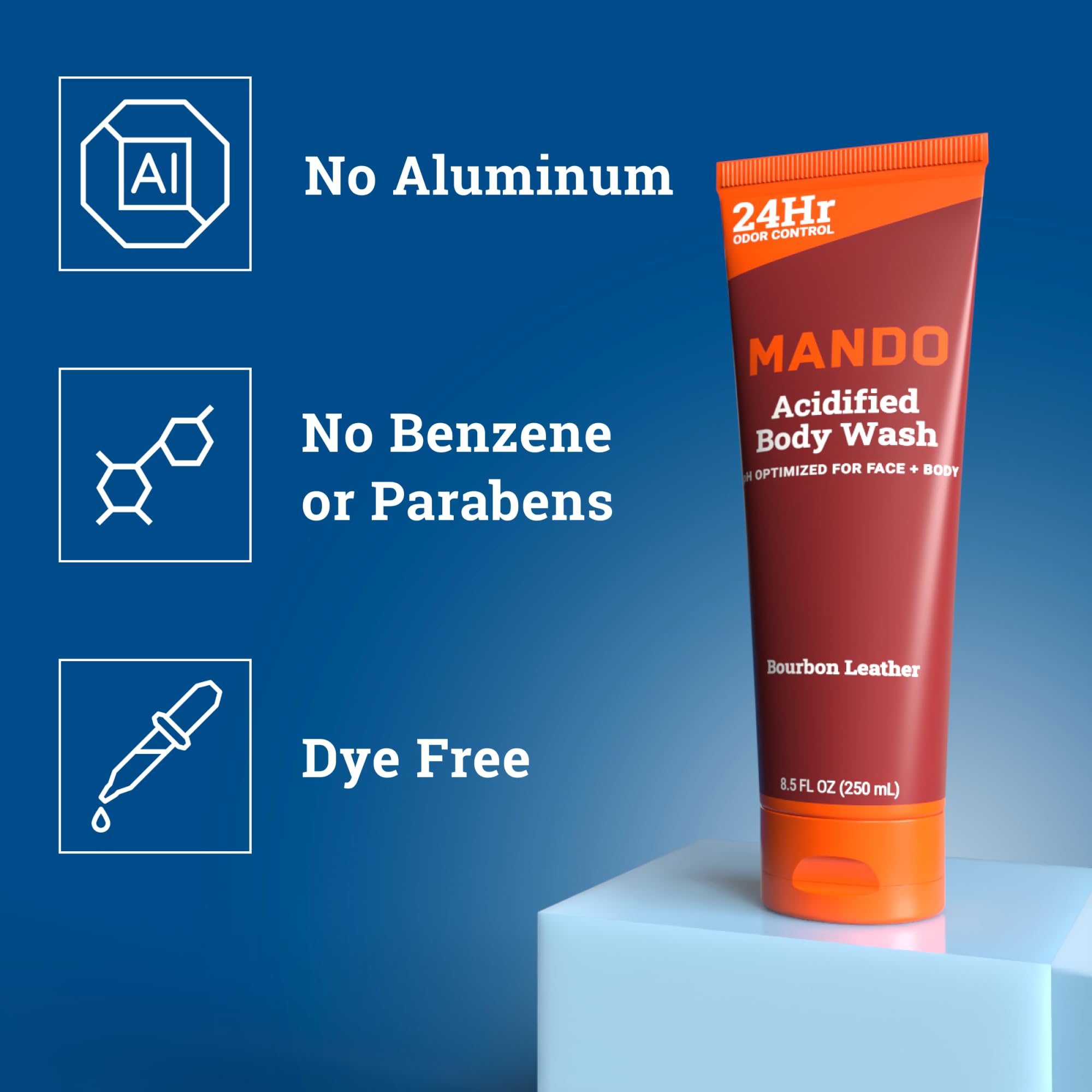 Mando Odor Shield Mandelic acid ingredient close-up emphasizing skin-safe cleansing