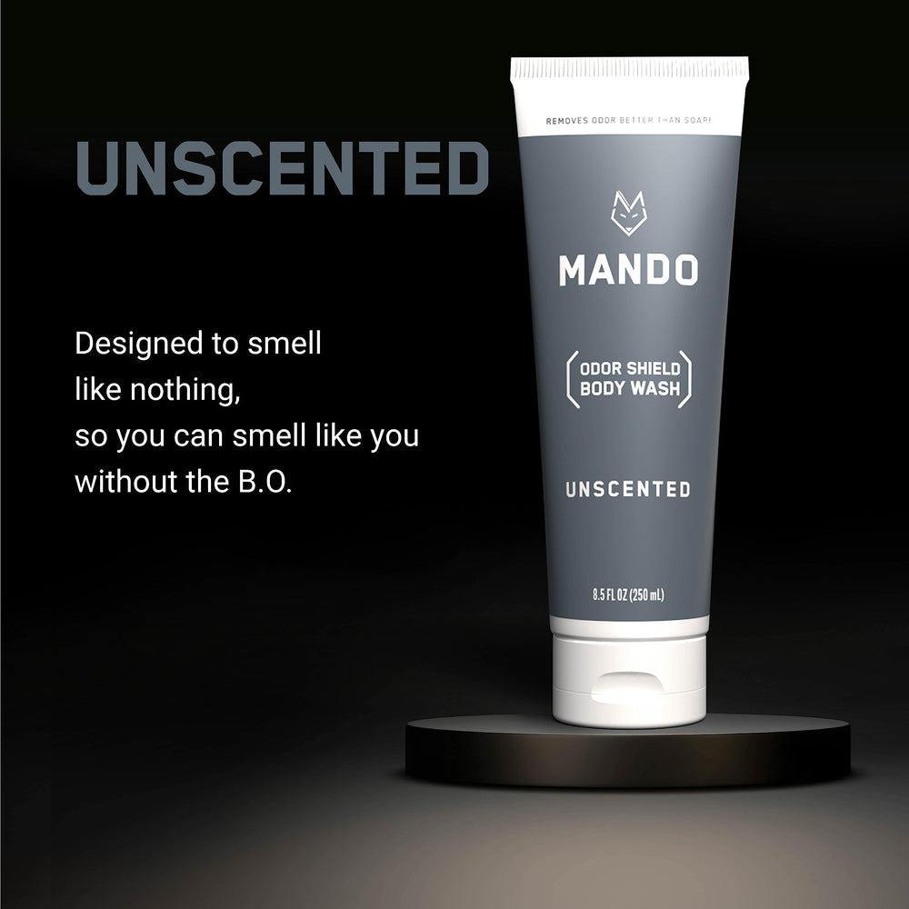 Mando Odor Shield bottle showing SLS-free and paraben-free formulation.