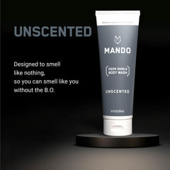 Mando Odor Shield bottle showing SLS-free and paraben-free formulation.