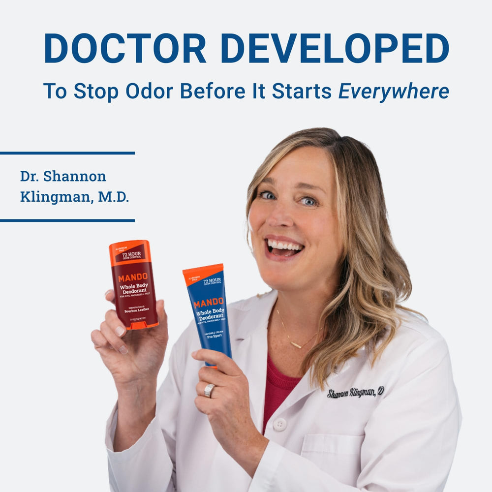 Mando Odor Shield SLS-free and paraben-free badge suggests mild cleansing