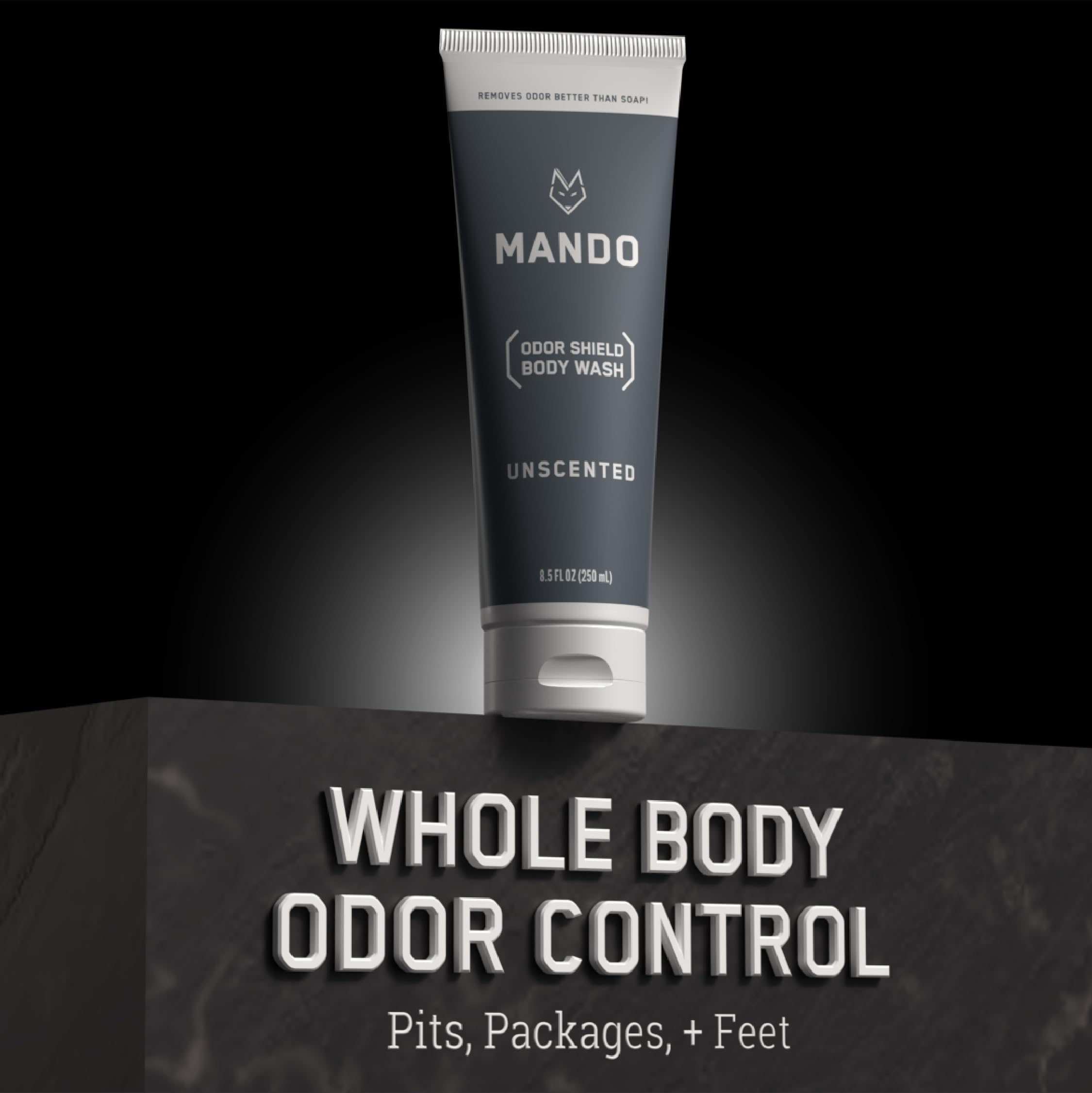 Mando Odor Shield packaging on display underscoring fragrance-free, skin-safe design.