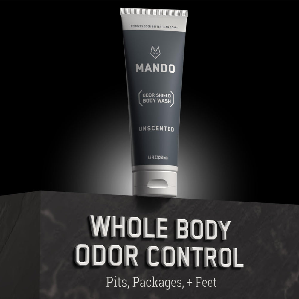 Mando Odor Shield packaging on display underscoring fragrance-free, skin-safe design.