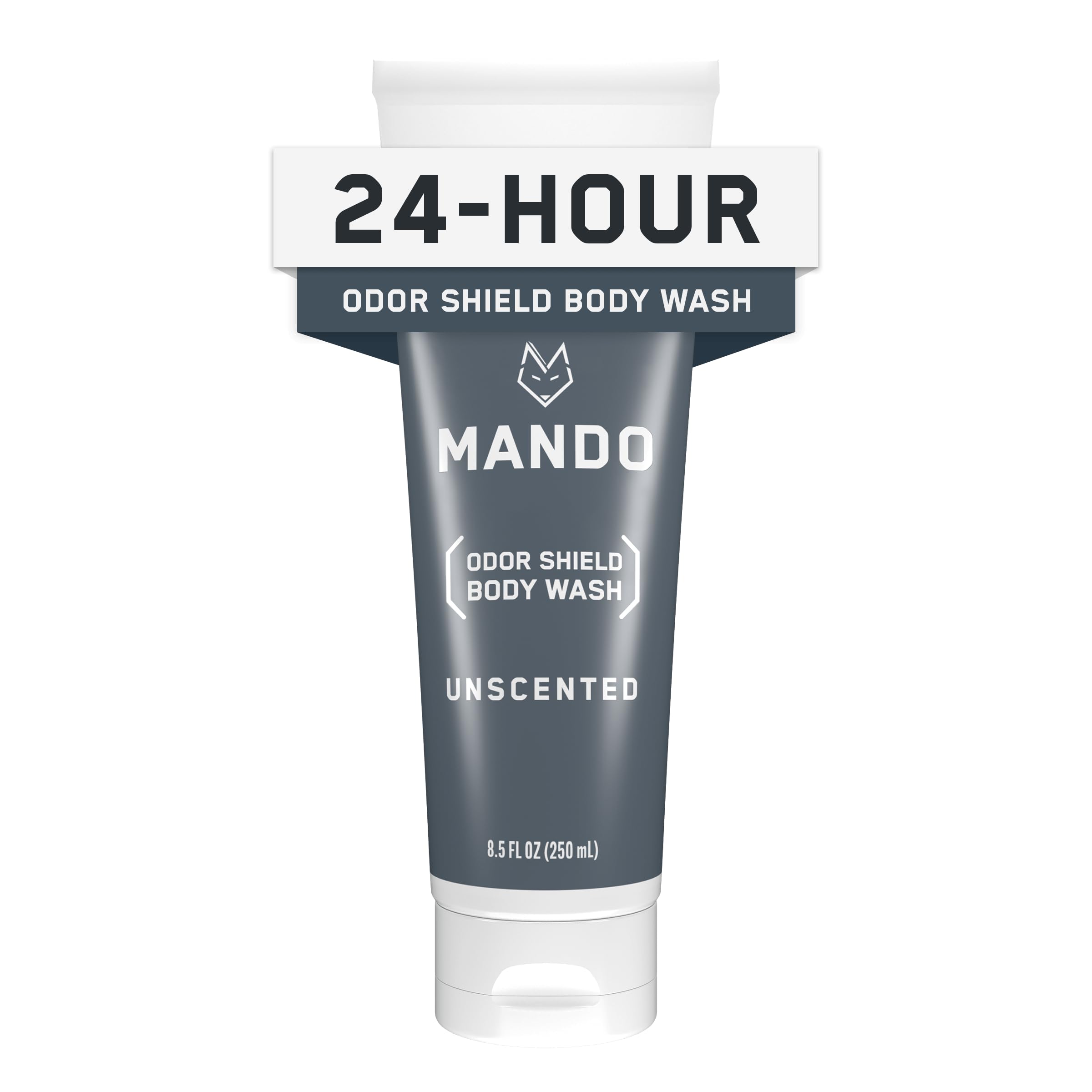 Mando Odor Shield Unscented Body Wash bottle illustrating 24-hour odor control.
