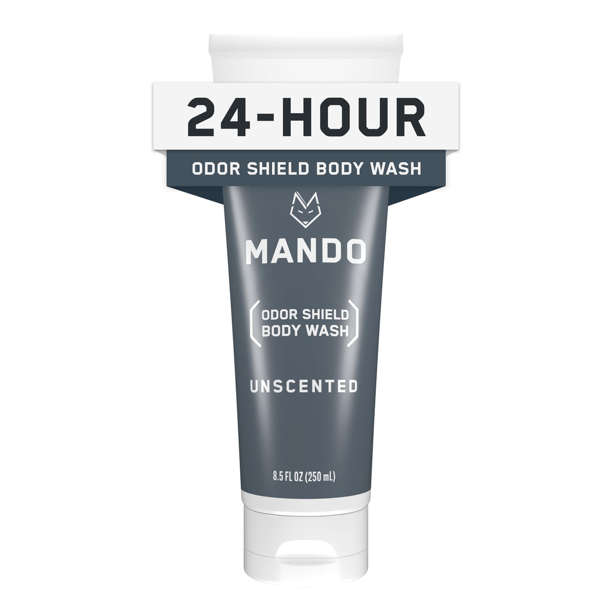 Mando Odor Shield Unscented Body Wash bottle illustrating 24-hour odor control.