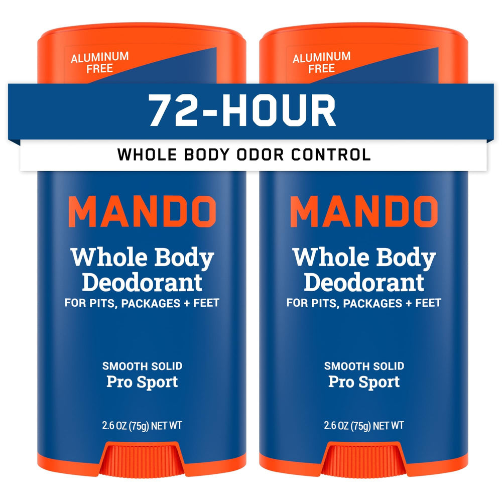 Mando Pro Sport bottle shown, aluminum-free formula for all-day odor control.