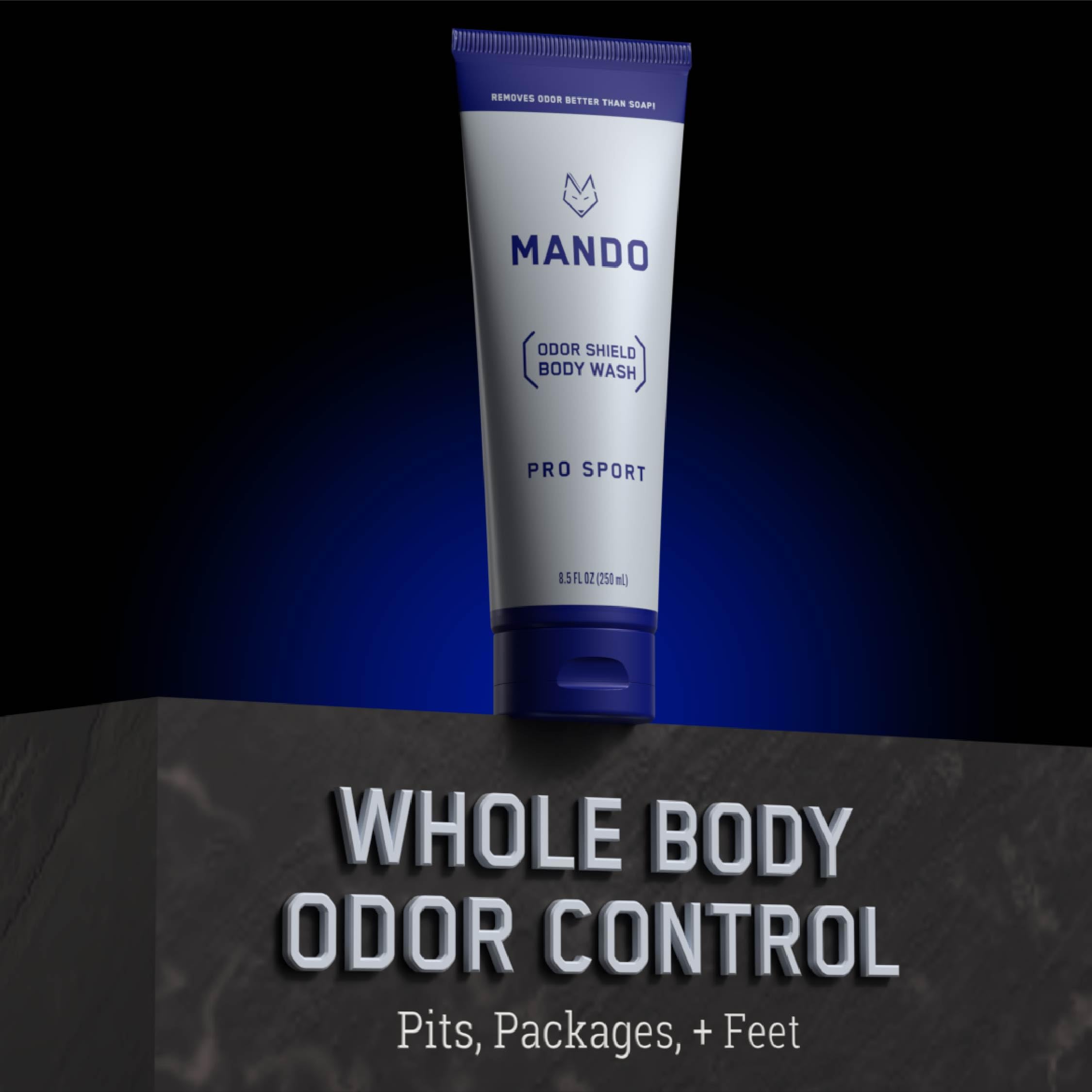 Mando Pro Sport packaging emphasizes all-over odor control benefits.