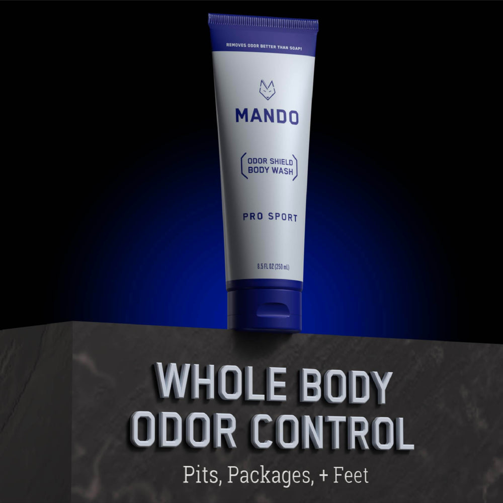 Mando Pro Sport packaging emphasizes all-over odor control benefits.