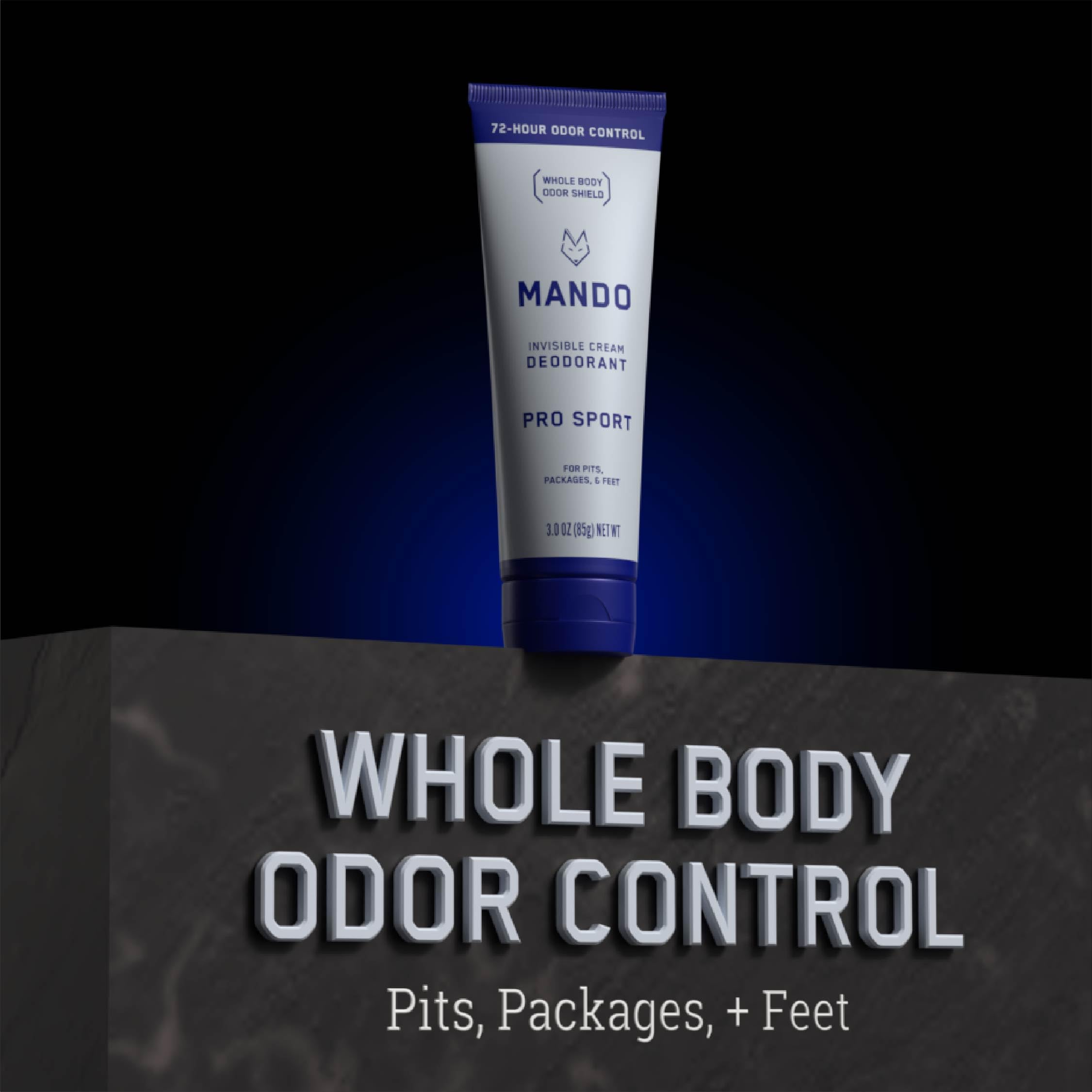 Mando skin safe ingredients label noting aluminum- and baking soda-free formula.