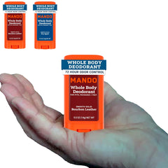 Mando travel-size Whole Body Deodorant Bourbon Leather bottle for on-the-go odor control.