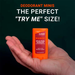 Mando Pro Sport travel-size deodorant bottle shown for all-day protection during activity.