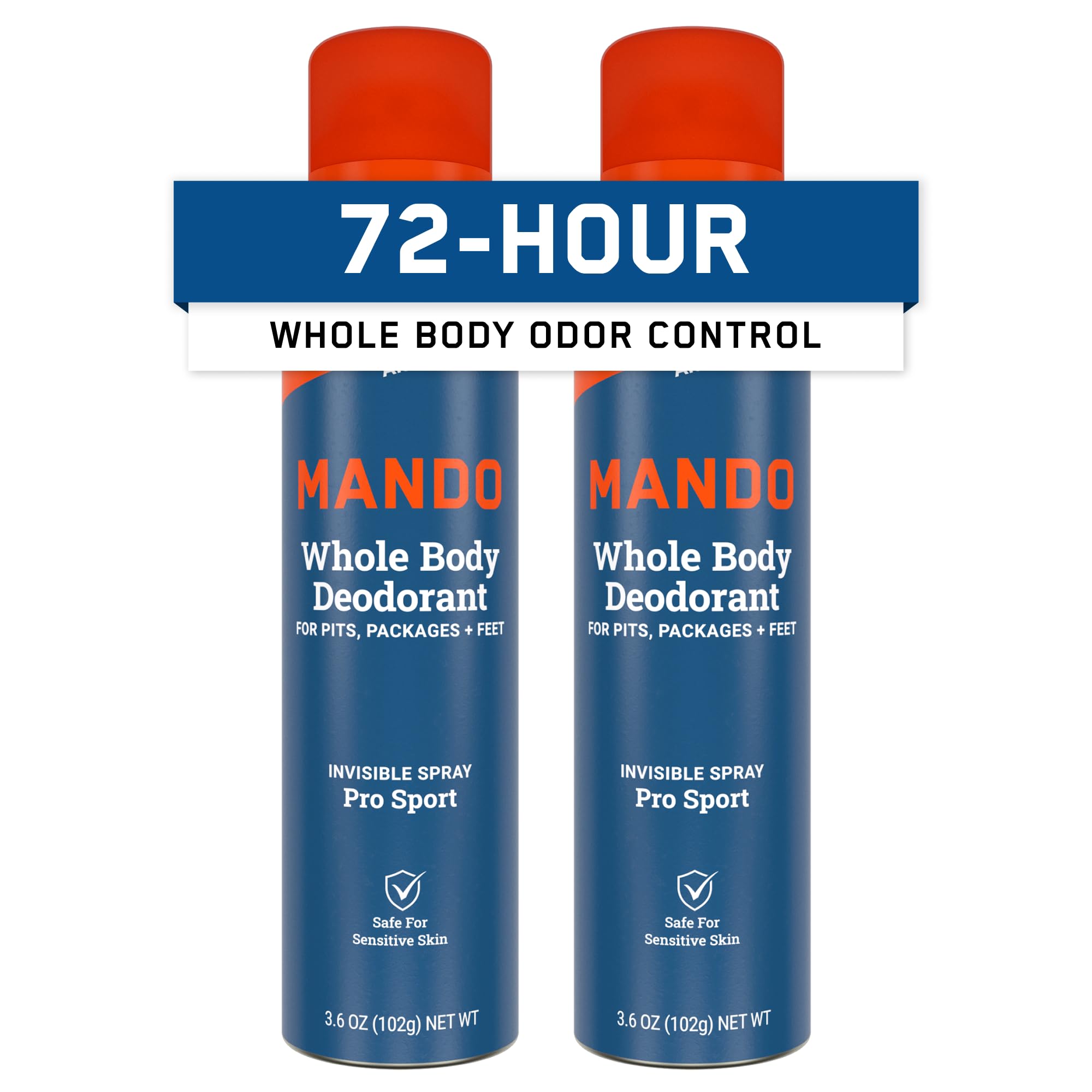 Mando Whole Body Deodorant can front view showing compact design and all-over protection.