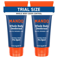 Mando whole body deodorant mini tube front view, compact travel size for odor control.