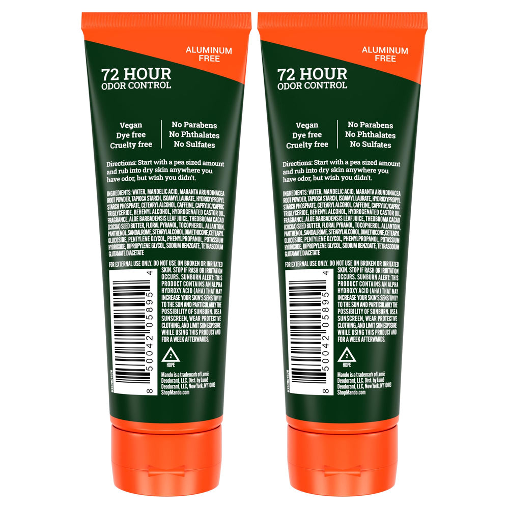Mando deodorant tube back label highlights ingredients and skin-safe benefits.