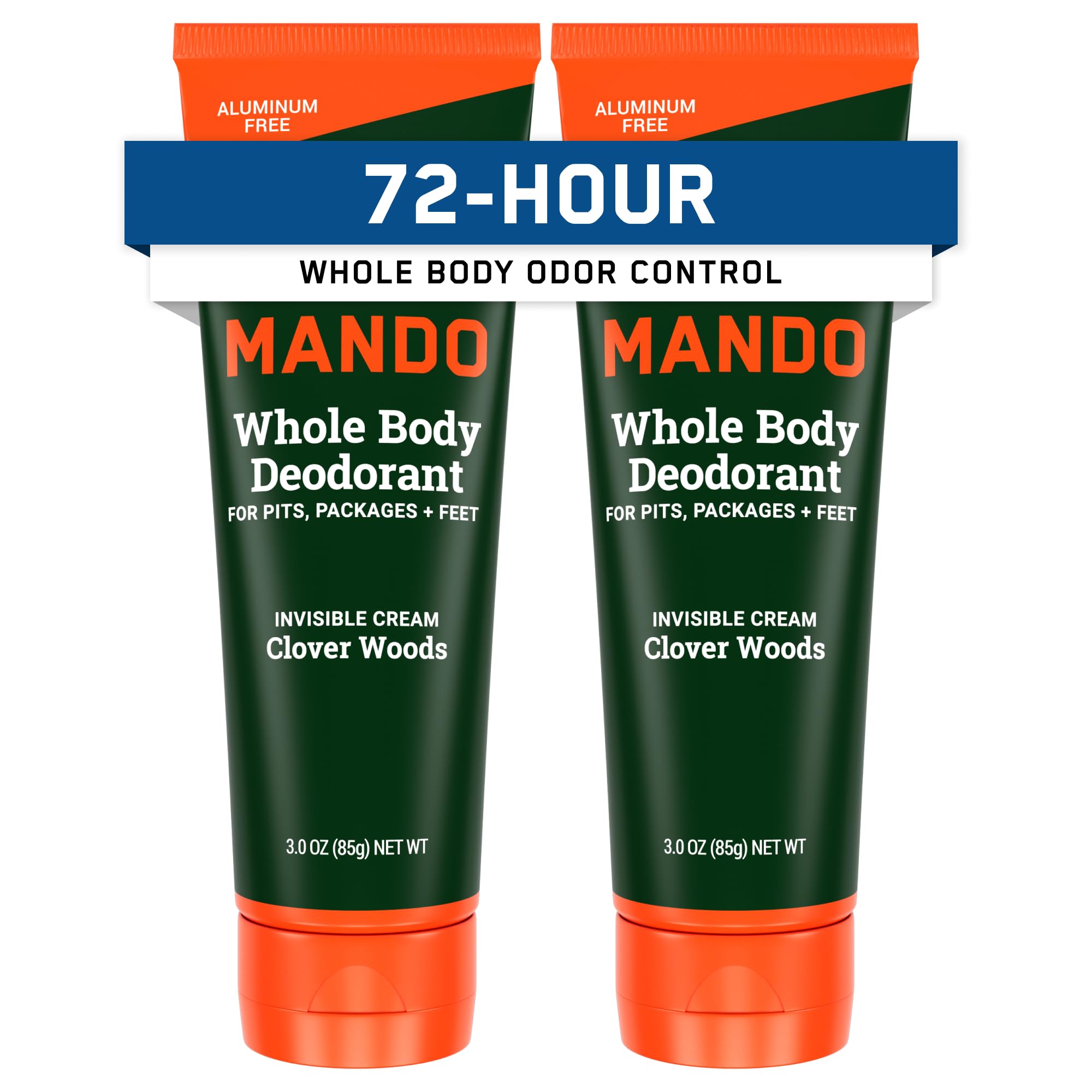 Mando whole body deodorant tube front view showing packaging and branding for all-day odor control.