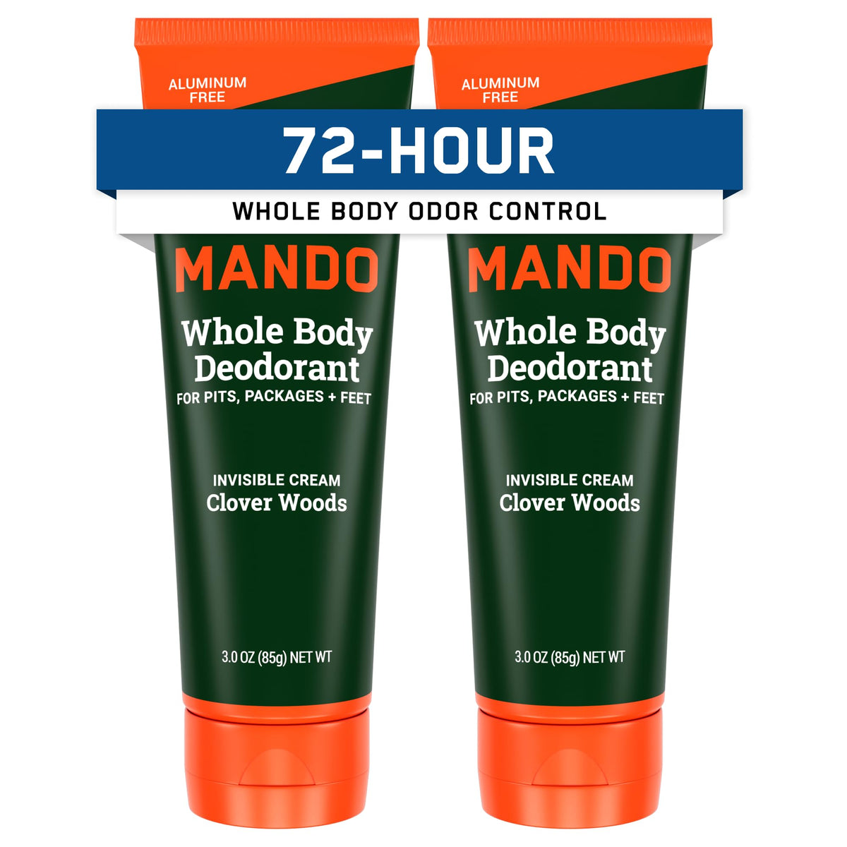 Mando whole body deodorant tube front view showing packaging and branding for all-day odor control.