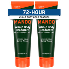 Mando whole body deodorant tube front view showing packaging and branding for all-day odor control.