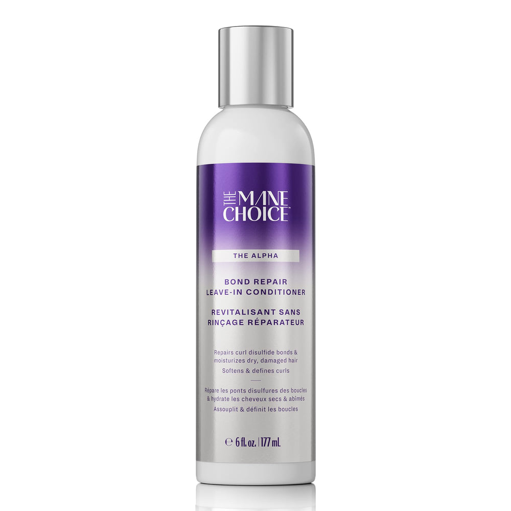 The Mane Choice Alpha Recoil Leave-In bottle pouring onto damp curls for hydration