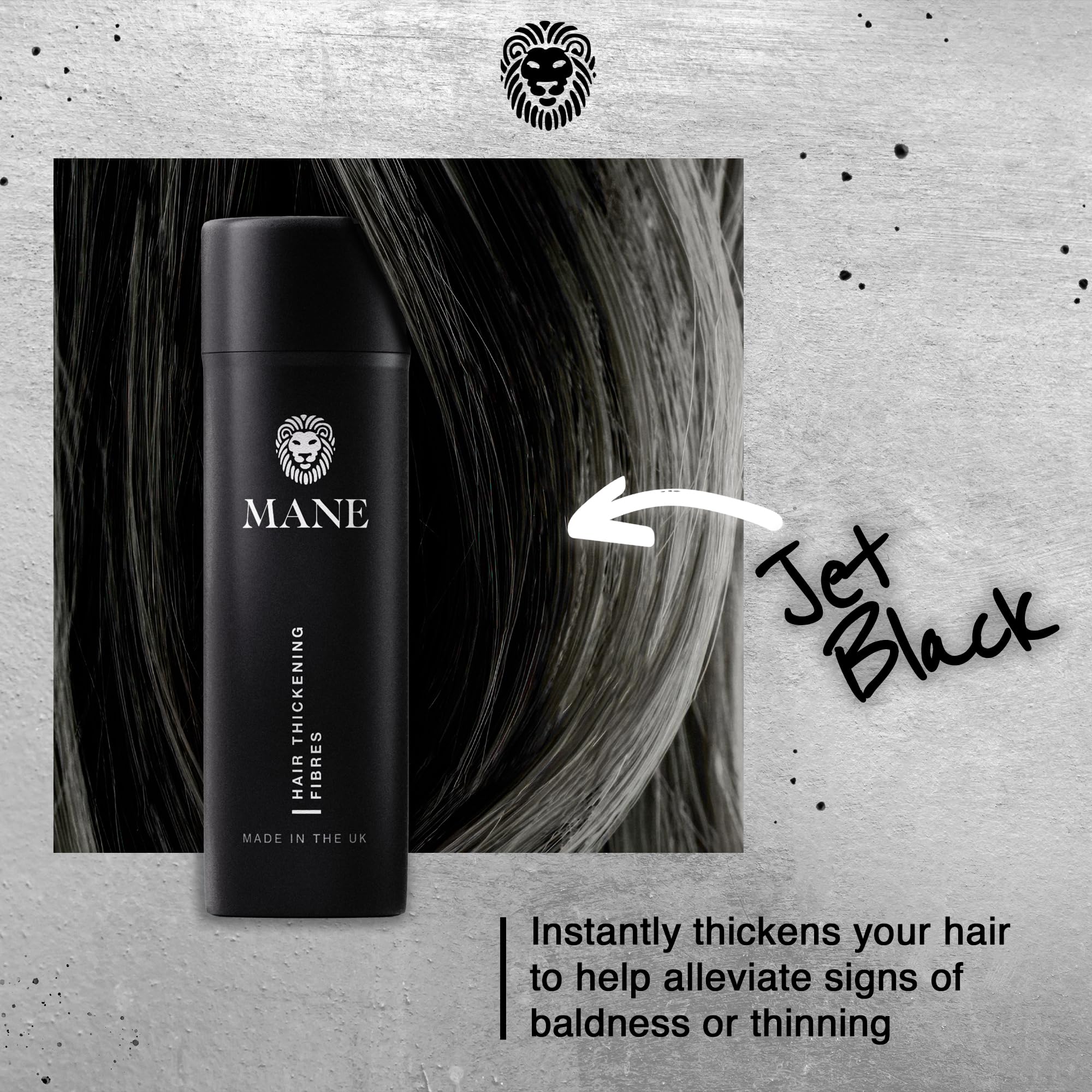 MANE Jet Black fibers cover thinning temples with a natural look.