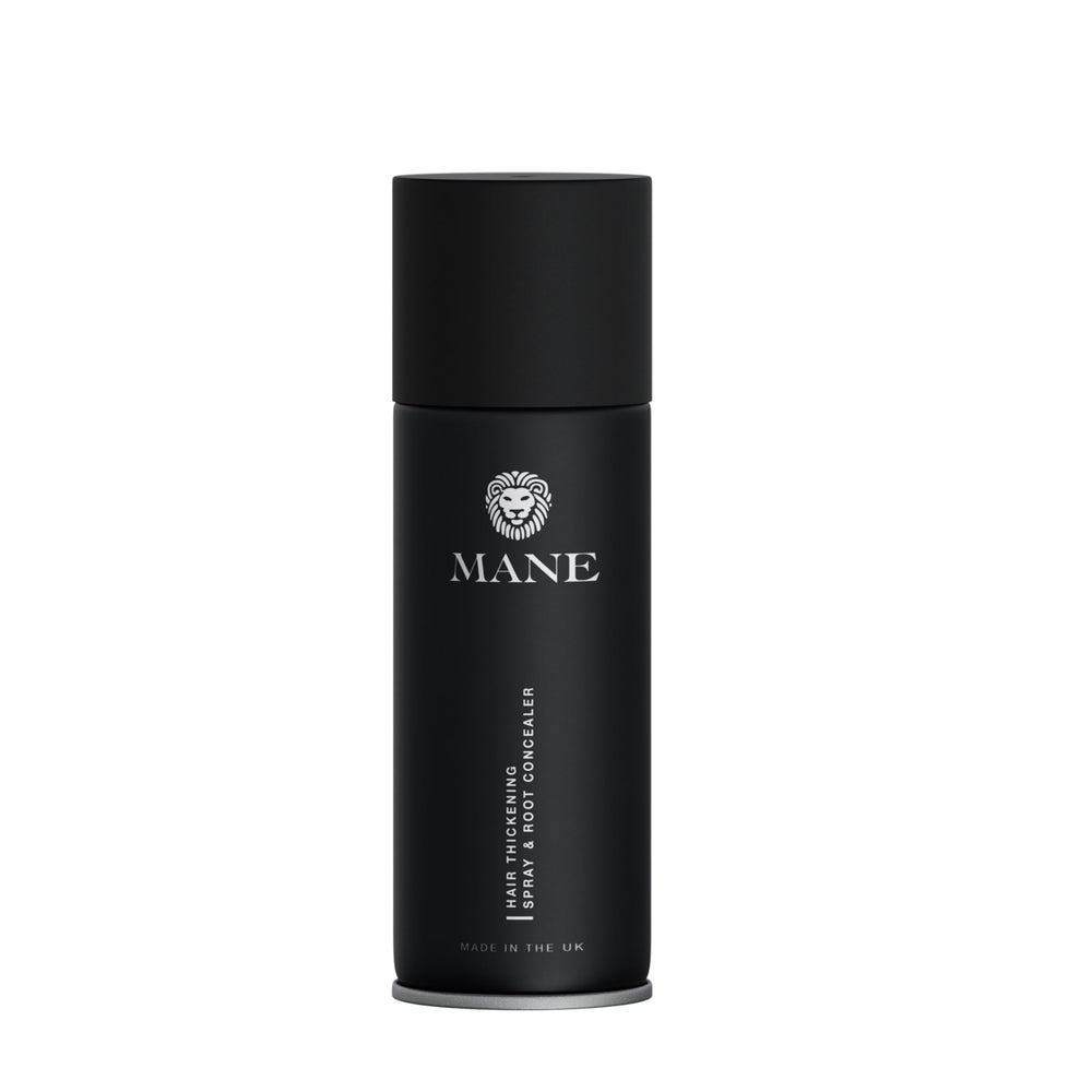 MANE Hair Thickening Fiber Spray 100ml in dark brown bottle for fuller-looking hair.