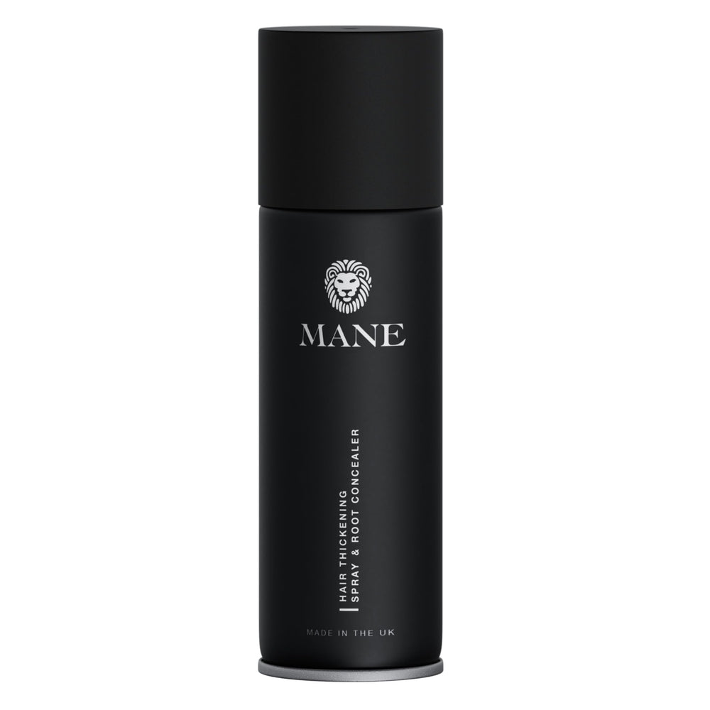 MANE Hair Thickening Fiber Spray bottle front showing quick fullness boost