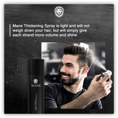 MANE Hair Thickening Spray application close-up shows quick, even coverage on thinning areas.