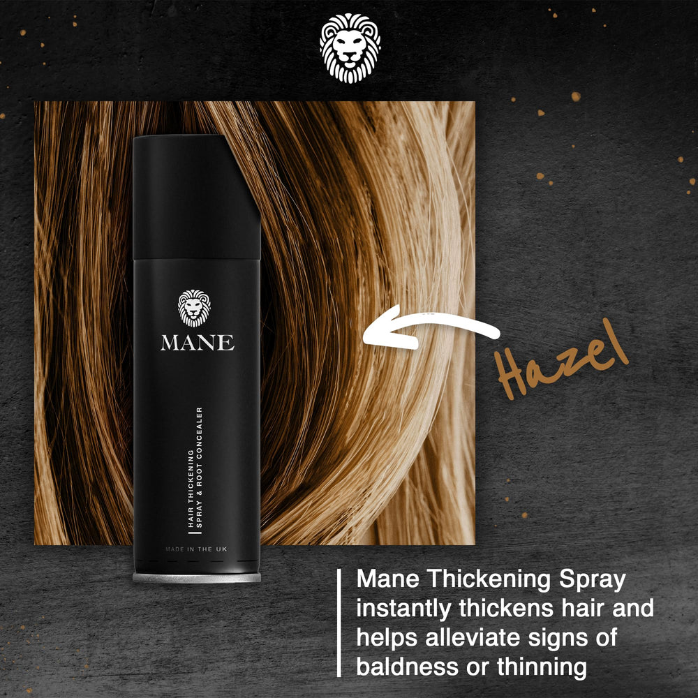 MANE hair thickening spray color chart with 12 shade swatches for color match