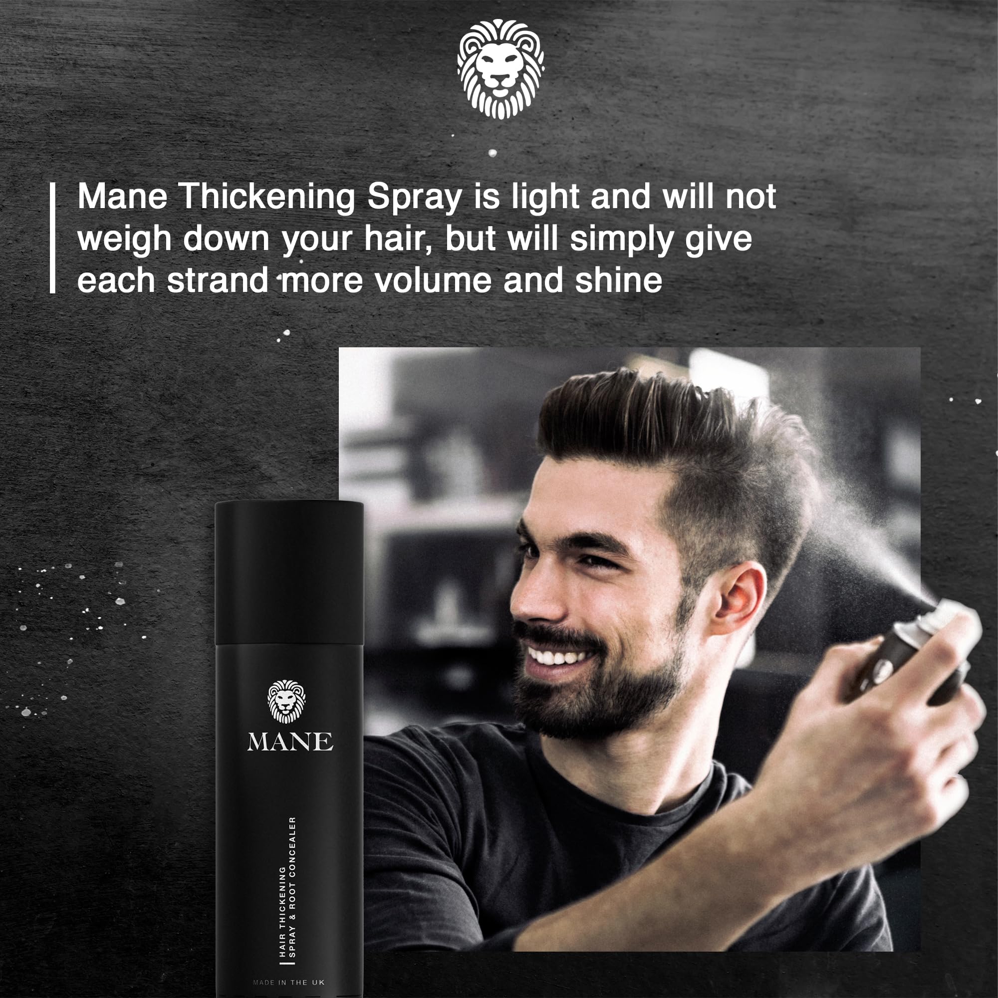 MANE thickening spray dispense close up demonstrates fine mist for even coverage