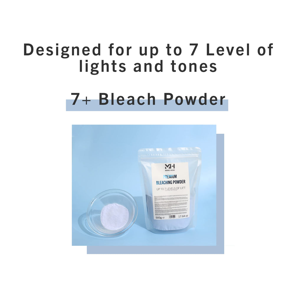 MANE HEAD blue premium bleach powder anti-yellow technology lifts cool tones with brass control.