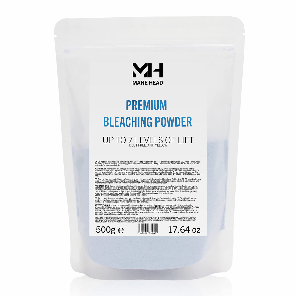 MANE HEAD blue premium bleach powder bottle shows even coverage for subtle or bold lightening.