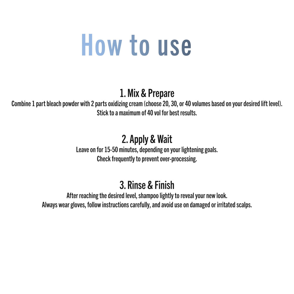 MANE HEAD blue premium bleach powder mixes to a creamy texture for even application.