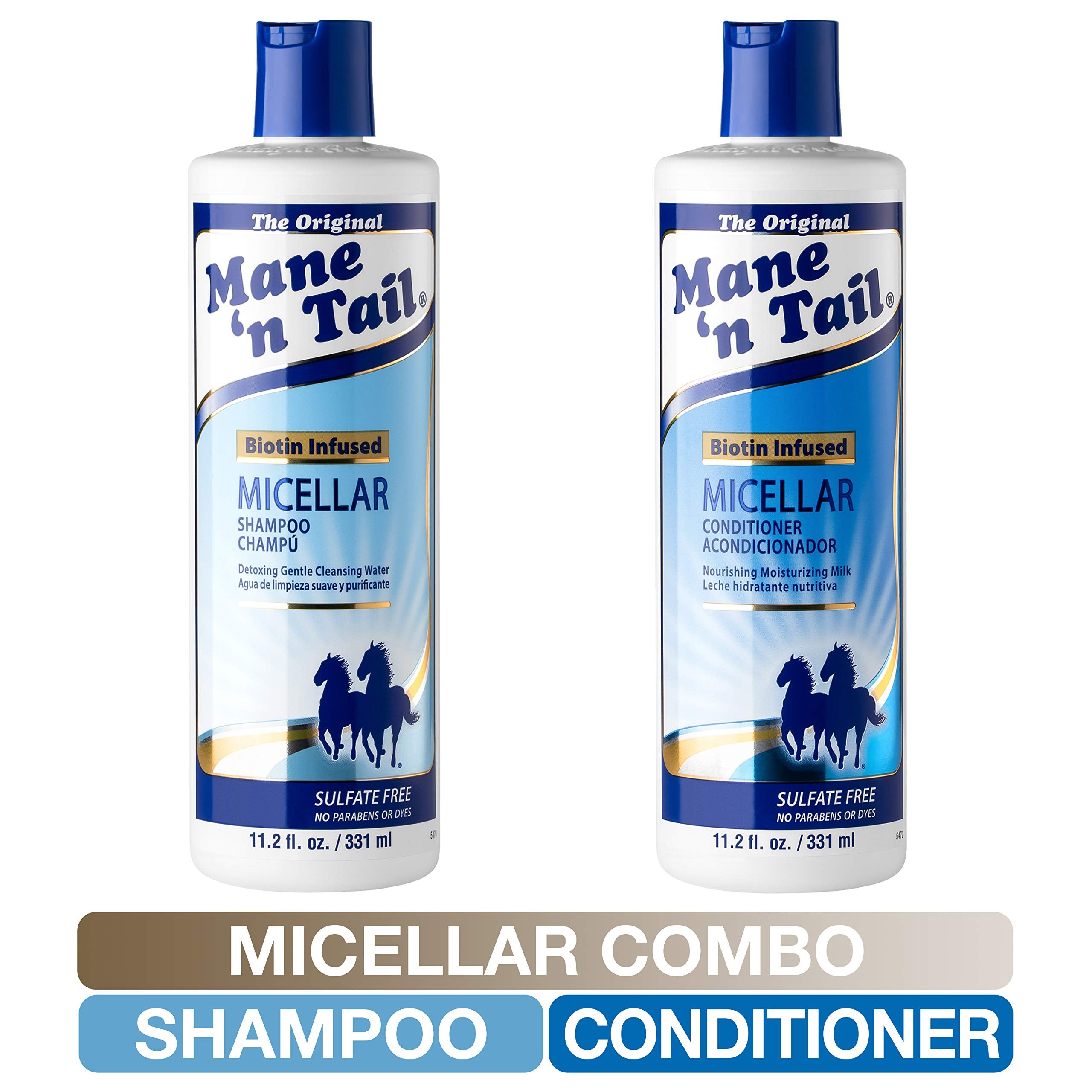 Mane 'n Tail biotin-infused shampoo label close-up emphasizing nourishing support.