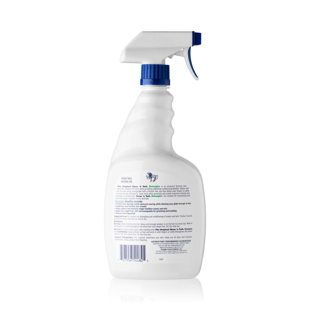 Close-up of Mane 'n Tail Detangler spray on hair shows conditioning slip for easier detangling.