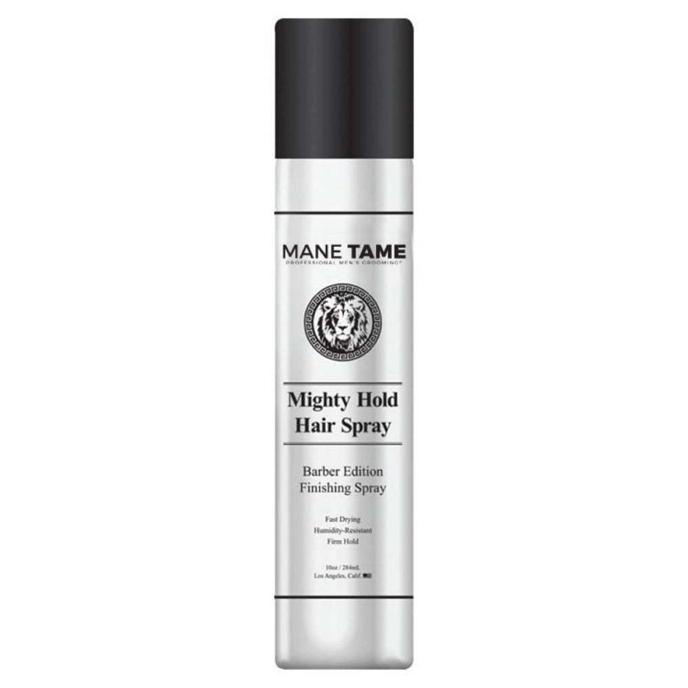 Mane Tame Mighty Hold spray bottle shows fast-drying finish for men.