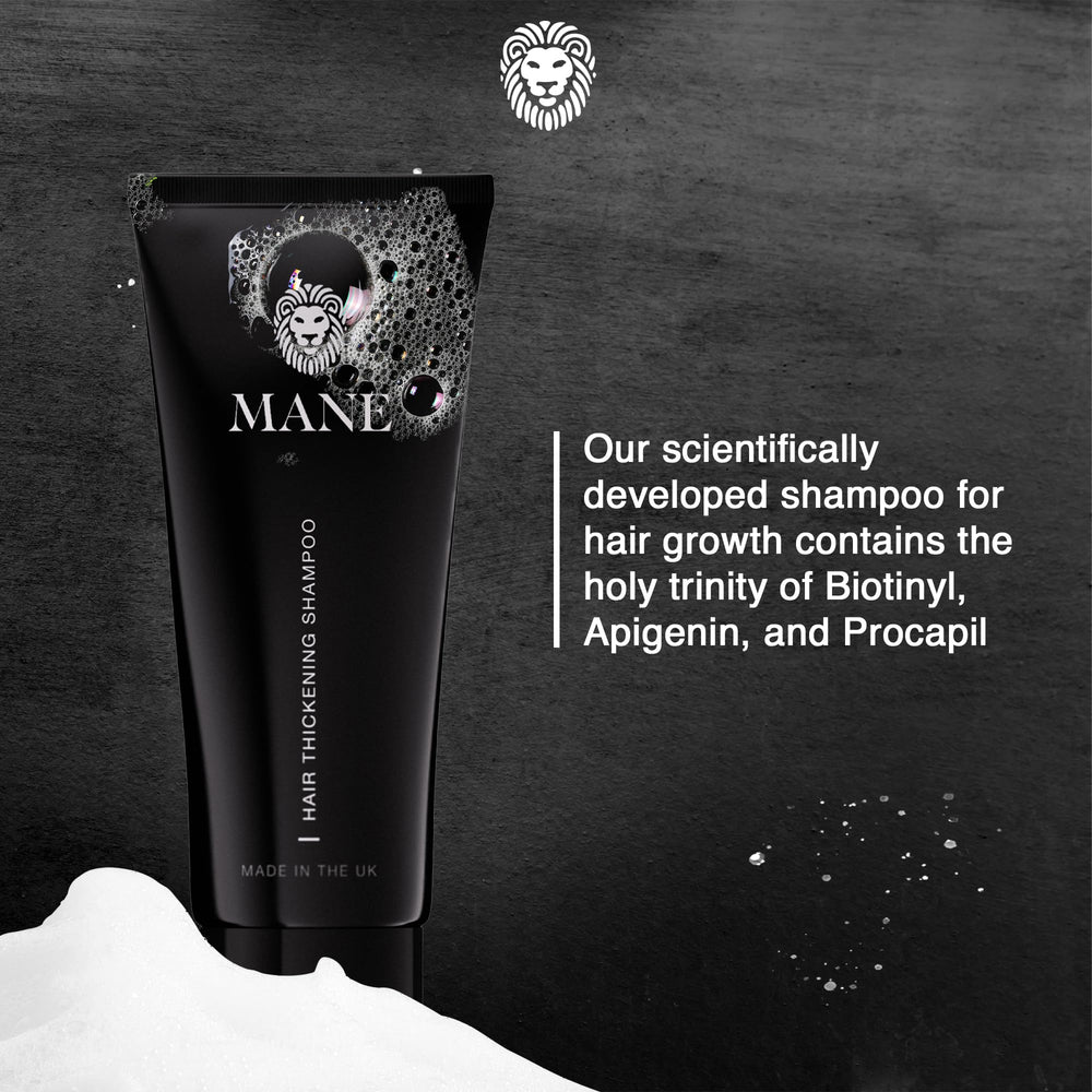 MANE Thickening Biotin Shampoo application on hands with rich lather.